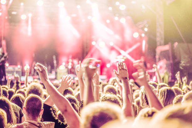 cheering crowd at concert stock photo