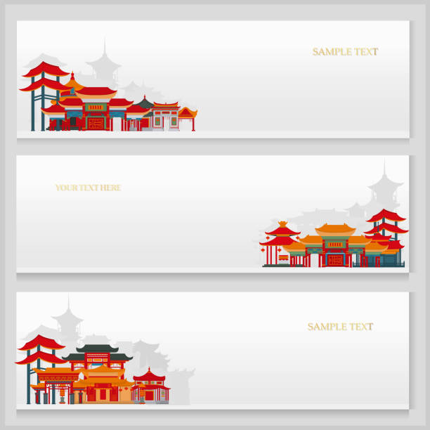 Three vector postcards with chinese traditional buildings Three vector postcards with chinese traditional buildings and place for text. cambodian culture stock illustrations