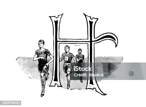 istock Antique illustration of sports and leisure activities: Capital letter H and runners 1222794312
