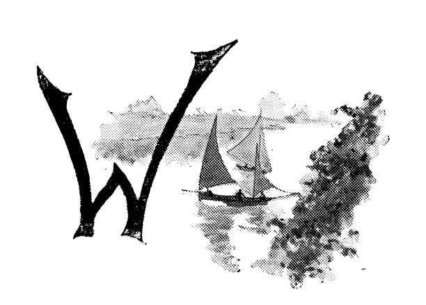 ilustrações de stock, clip art, desenhos animados e ícones de antique illustration of sports and leisure activities: capital letter w and sailboat - engraving engraved image coastline illustration and painting