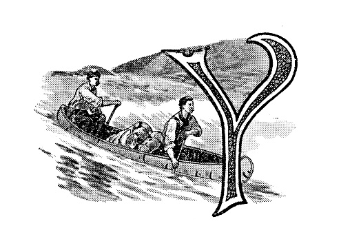 Antique illustration of sports and leisure activities: Capital letter Y and canoeing