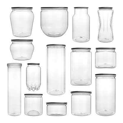 Collection set of empty transparent PET can jar for canning and preserving isolated on white background.