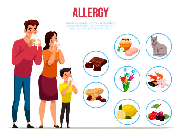 알레르기 가족 개념. 벡터 문자 일러스트레이션 - peanut allergy food fruit stock illustrations