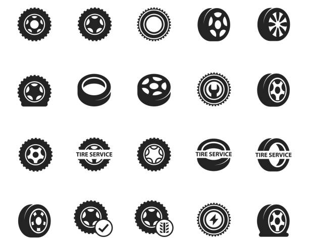 набор значков шин - спущенное колесо stock illustrations