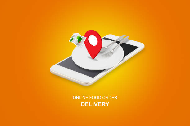 Delivery food order concept, app service online to internet with phone, new normal business and lifestyle, application on smartphone tracking and navigation with fast food, communication and shipping. concepto de pedido de alimentos de entrega, servicio de aplicaciones en línea a internet con teléfono, nuevo negocio normal y estilo de vida, aplicación en seguimiento de teléfonos inteligentes y navegación con comida rápida, comunicación y envío.
