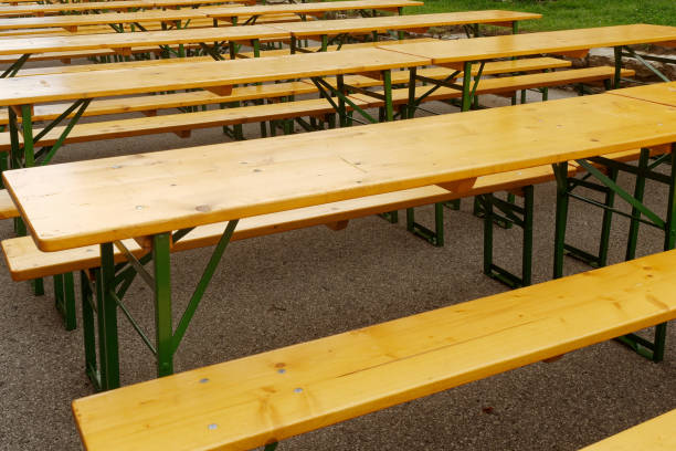 istock Tables and benches empty at festival 1222797792