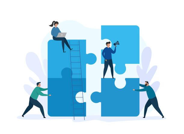Teamwork concept and business solution. Group people working together with giant puzzle elements. Vector illustration for teamwork concept and business solution. Group people working together with giant puzzle elements. Business metaphor. solution illustrations stock illustrations