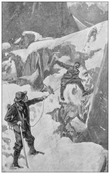 ilustrações de stock, clip art, desenhos animados e ícones de antique illustration of sports and leisure activities: mountaineering climbing - illustration and painting landscape old fashioned antique