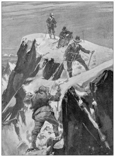 ilustrações de stock, clip art, desenhos animados e ícones de antique illustration of sports and leisure activities: mountaineering climbing - illustration and painting landscape old fashioned antique