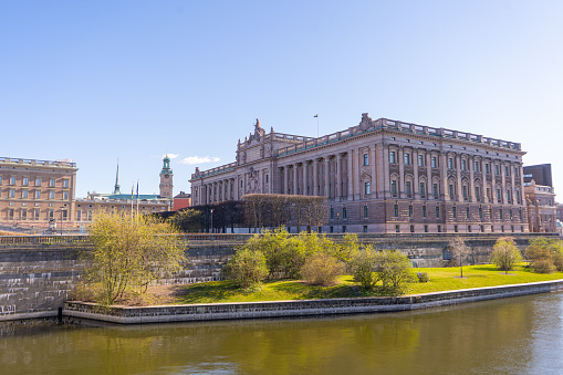 The Swedish parliament house. Riverside view. Stockholm the biggest scandinavian city.