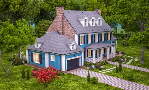 istock 3d rendering of modern classic house in colonial style in evening 1222799755