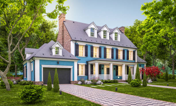istock 3d rendering of modern classic house in colonial style in evening 1222799817