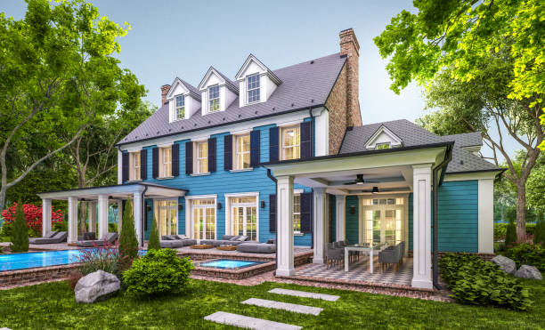 istock 3d rendering of modern classic house in colonial style in evening 1222799819