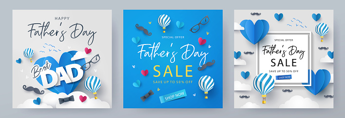 Set of Father's Day greeting cards in modern paper cut style. Fathers Day holiday illustration for greeting banner, fashion ads, poster, flyer, social media, promotion and sale