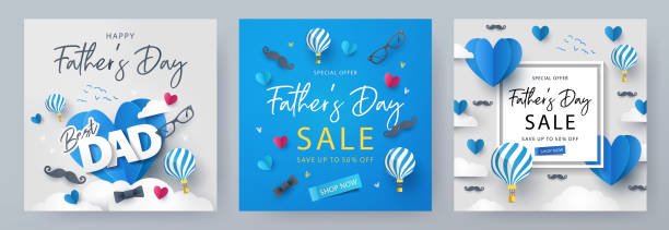 Set of Father's Day greeting cards in modern paper cut style. Fathers Day holiday illustration Set of Father's Day greeting cards in modern paper cut style. Fathers Day holiday illustration for greeting banner, fashion ads, poster, flyer, social media, promotion and sale father stock illustrations