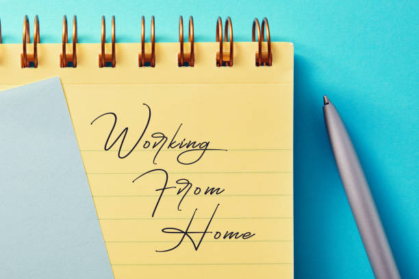 istock Yellow notepad and pencil with working from home message on blue background 1222804502