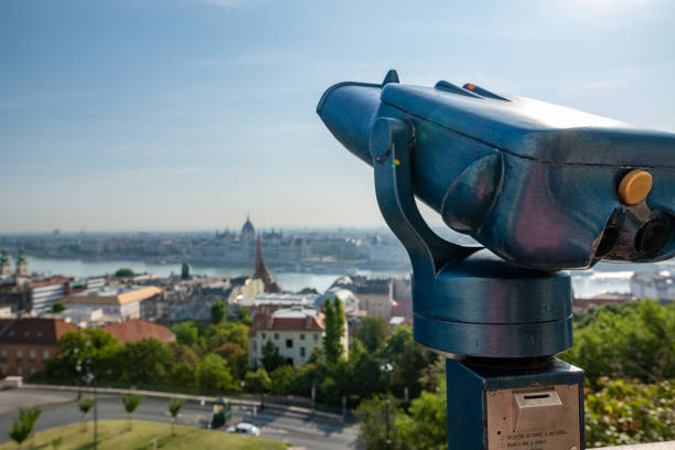 Binoculars and city landscape, Budapest, Hungary stock photo