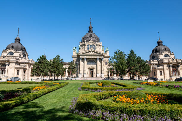 Main entrance of Széchenyi Baths in Budapest stock photo
