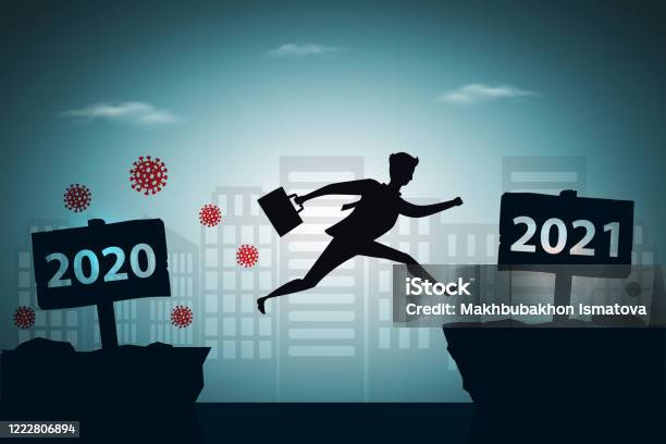 Viruses Escape Concept Businessman Jumping Between 2020 And 2021 Years With City Background - Arte vetorial de stock e mais imagens de 2020