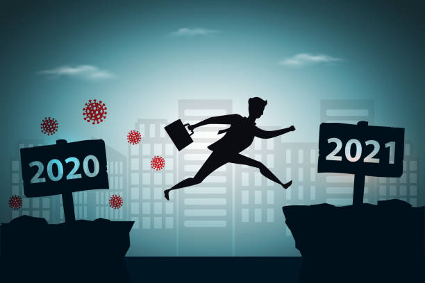 Viruses escape concept, businessman jumping between 2020 and 2021 years with city background Viruses escape concept, businessman jumping between 2020 and 2021 years with city background between stock illustrations
