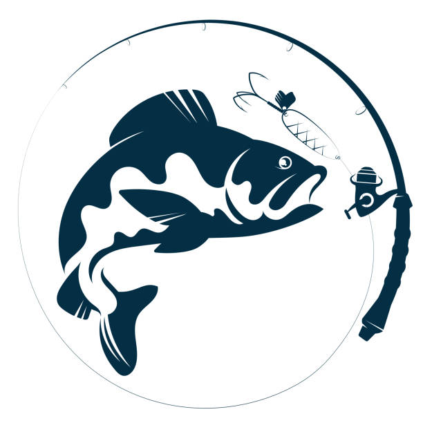 물고기 실루엣 미끼와 낚싯대 - tuna silhouette fish saltwater fish stock illustrations