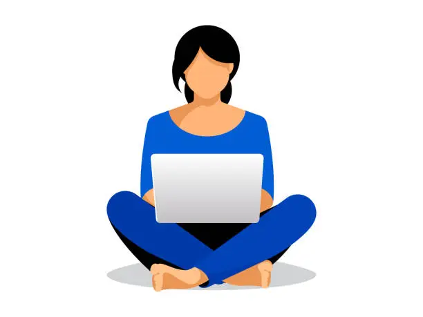 Vector illustration of Girl blogger in lotus pose is sitting on floor with laptop. Work in social media.