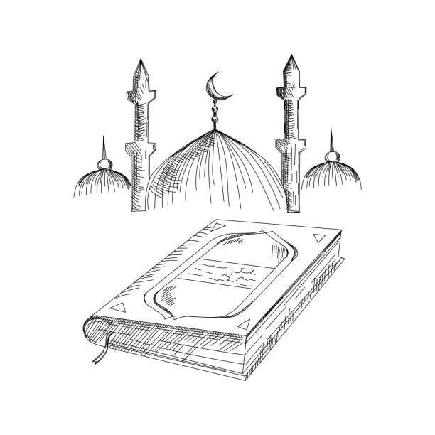 ramazan kareem için cami ile kur'an-ı kerim kutsal kitap el çizilmiş kroki kutluyor. vektör i̇llüstrasyonu - salah stock illustrations