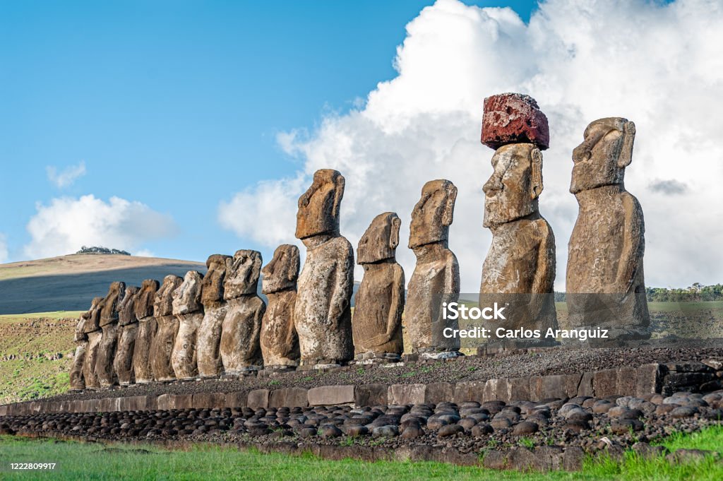 Ahu Tongariki, Easter Island Ahu Tongariki, the 15 moai statues on Easter Island. Ancient Civilization Stock Photo