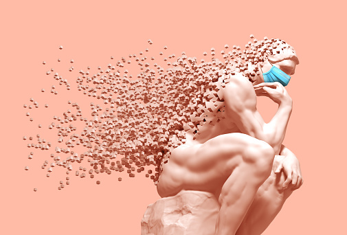 Thinker In Medical Mask Desintegrated Into 3D Pixels On Pink Background