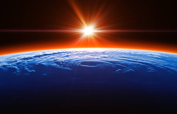 bella alba sullo sfondo del grande uragano - satellite view earth globe sunrise foto e immagini stock