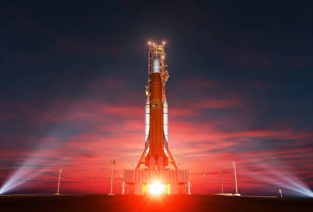 Space Launch System On Launchpad Over Background Of Sunrise. 3D Illustration.