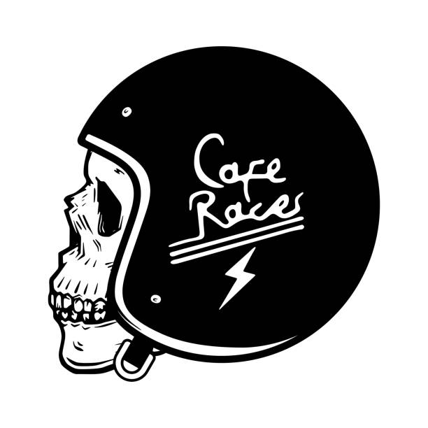 Racer skull wearing motorcycle helmet/ Monochrome vector illustration isolated on white background Hand drawn human skull with a motorcycle helmet cafe racer stock illustrations