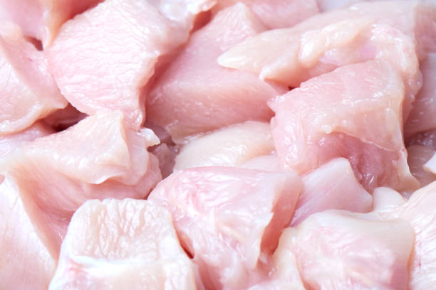 istock Sliced raw chicken fillet closeup background 1222812717