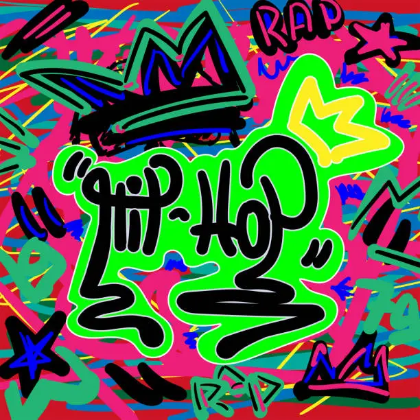 Vector illustration of Colorful print in style of graffiti with a text Hip hop. Music vector illustration drawn by hand.