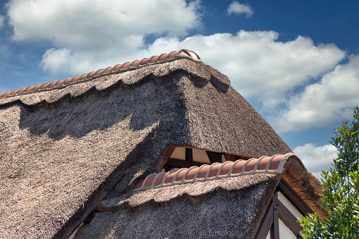 Close-up on the edge of a thatched roof in France.