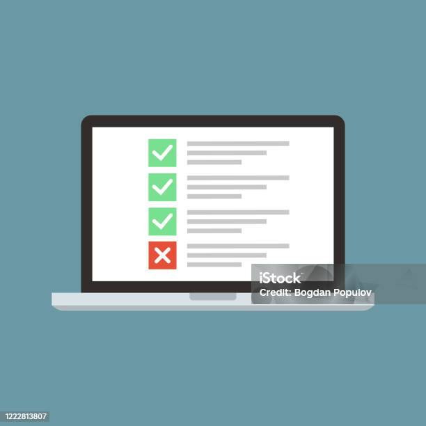 Checklist Square On Computer Laptop In Flat Style With List And Checkbox And Marks Desktop Computer ...