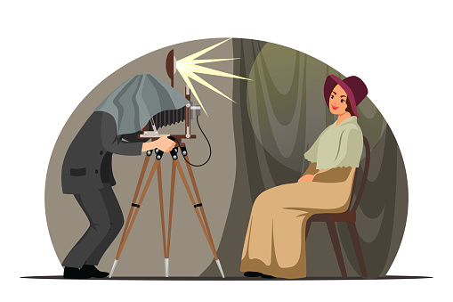 Vintage photographer with retro camera. Man shooting photography with smiling woman model in old style studio. Creative profession, occupation or hobby concept. Vector character illustration