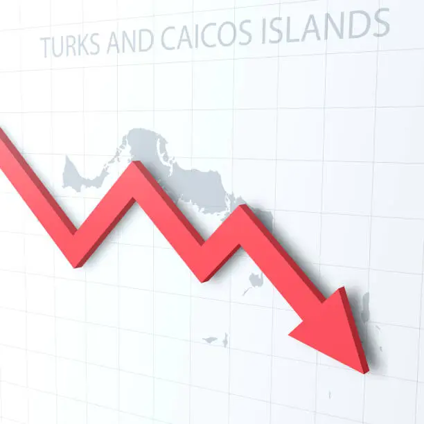 Vector illustration of Falling red arrow with the Turks and Caicos Islands map on the background