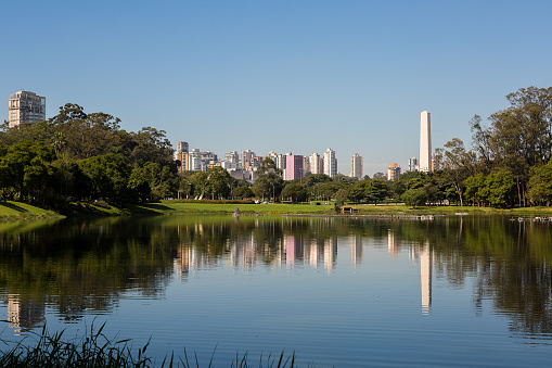 View of the lake of Ibirapuera Park with the Obelisk of Sao Paulo in the background.