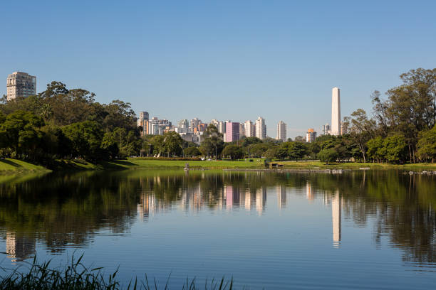 View of the lake of Ibirapuera Park with the Obelisk of Sao Paulo in the background View of the lake of Ibirapuera Park with the Obelisk of Sao Paulo in the background. ibirapuera park stock pictures, royalty-free photos & images