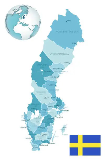 Vector illustration of Sweden administrative blue-green map with country flag and location on a globe.