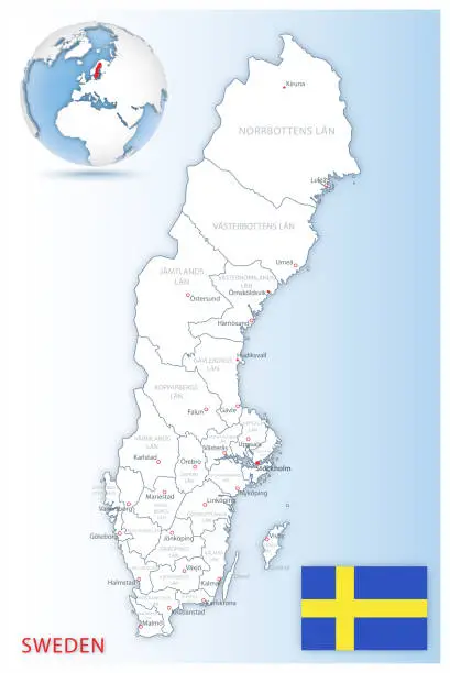 Vector illustration of Detailed Sweden administrative map with country flag and location on a blue globe.