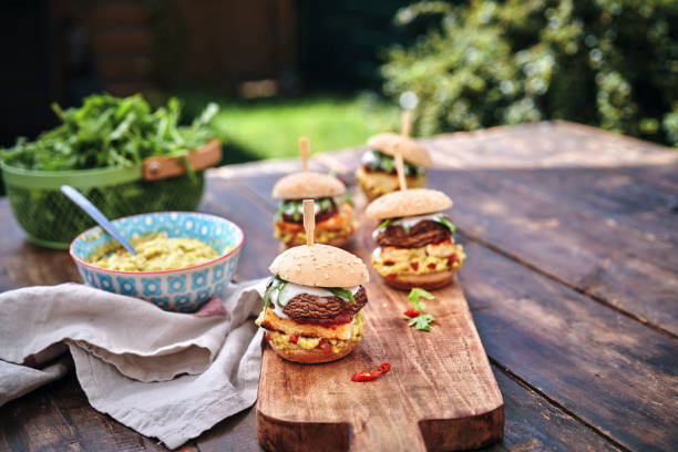 Mini Veggie Burger with Grilled Cheese, Mushroom, Guacamole and Arugula