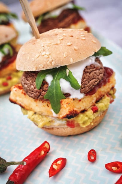 istock Mini Veggie Burger with Grilled Cheese, Mushroom, Guacamole and Arugula 1222818240