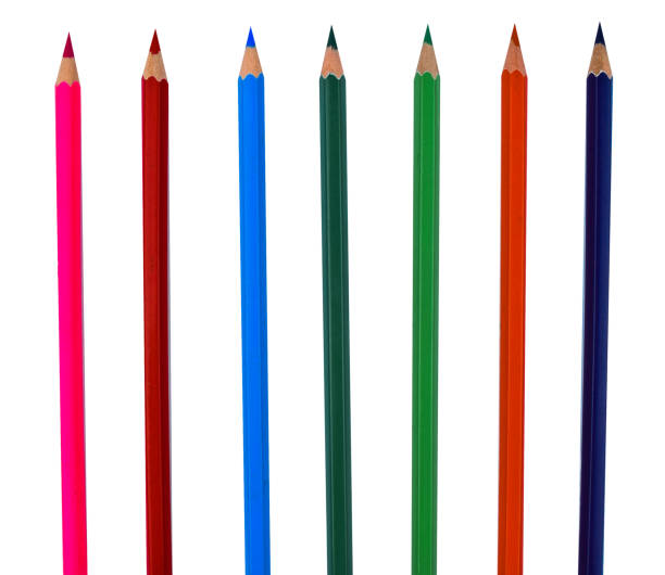 istock Different color wood pencil crayons placed in a row on a white isolated background 1222821970