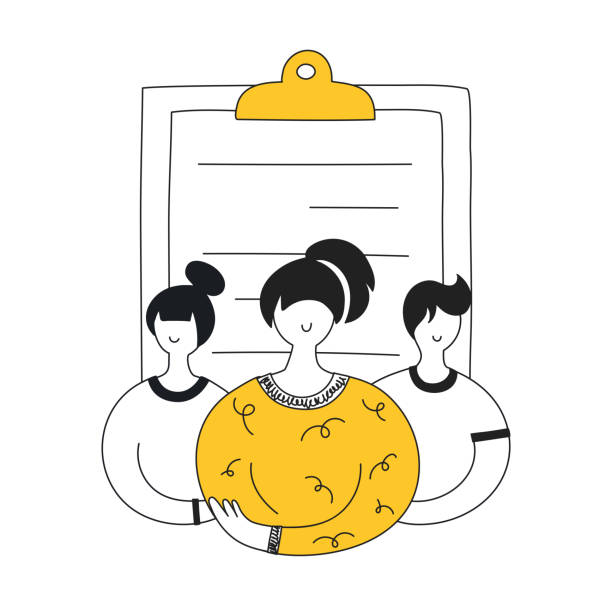 Job candidates, hiring and recruitment process - Vector CV assessment, interviewing, selection, recruiting concept. Black and yellow people are in front of clipboard. Flat line vector illustration on white. interview event drawings stock illustrations