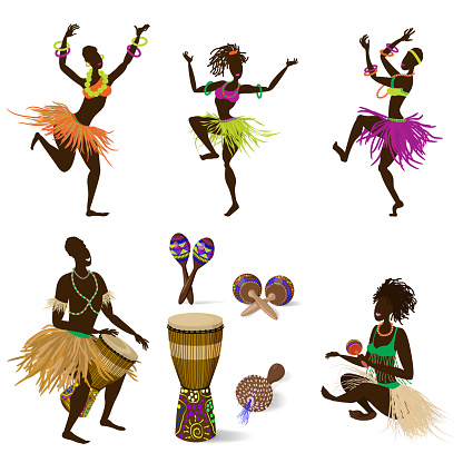 A set of dancing figures of people and African ethnic musical instruments, a Jumbo drum and various maracas. Vector illustration in cartoon style, isolated on a white background.