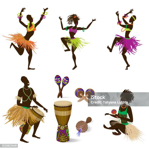 A Set Of Dancing Figures Of People And African Ethnic Musical Instruments A  Jumbo Drum And