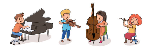 ilustraciones, imágenes clip art, dibujos animados e iconos de stock de niños músico de orquesta establecido aislado en blanco - musical theater child violin musical instrument