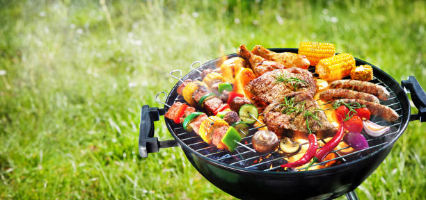Assorted delicious grilled meat with vegetables on barbecue grill Assorted delicious grilled meat with vegetables on barbecue grill with smoke and flames in green grass hot mix plant stock pictures, royalty-free photos & images